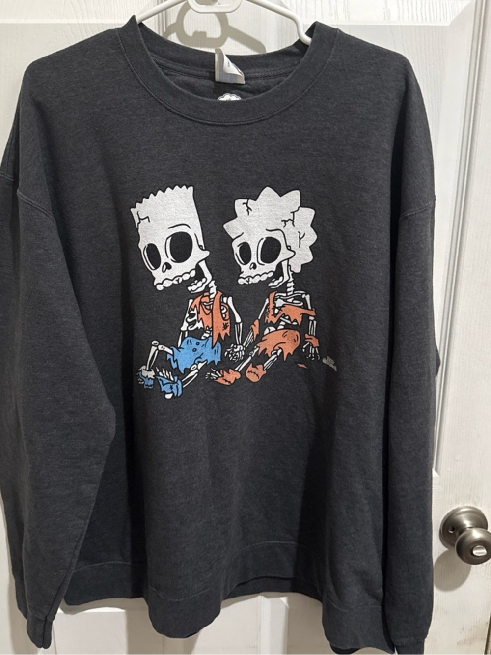 Charcoal Crewneck Sweatshirt with Skeleton Cartoon Graphic